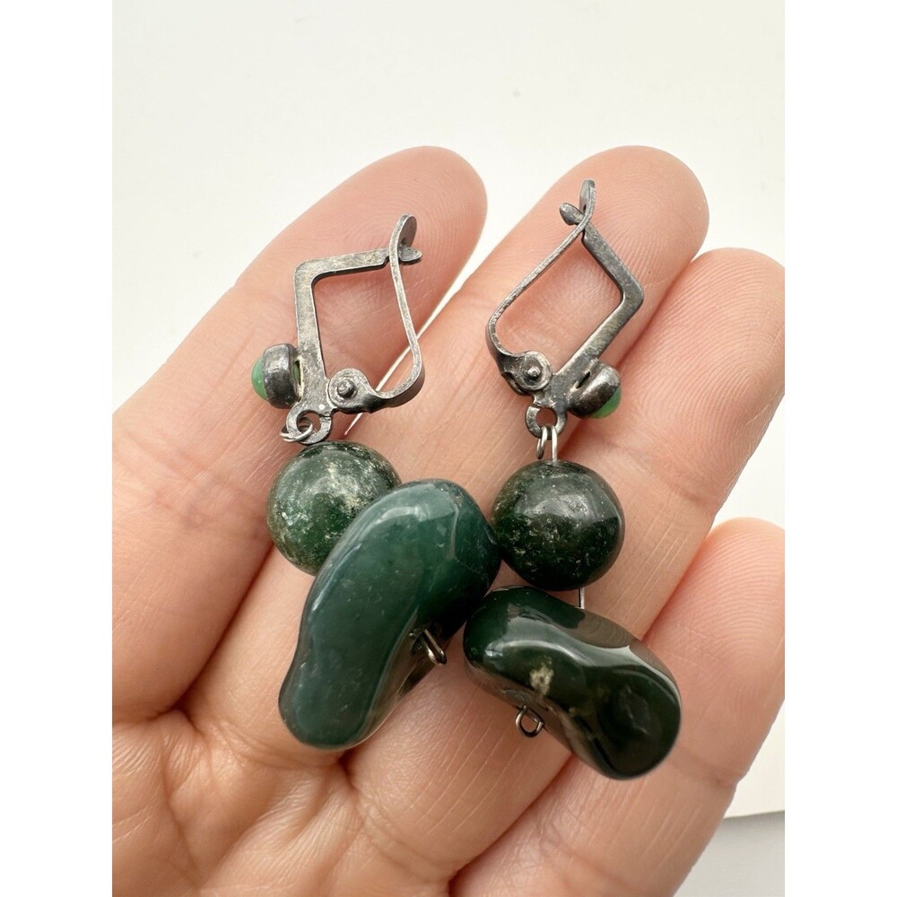 Vintage Sterling Silver Natural Green Gemstone Earrings - Picture 2 of 7